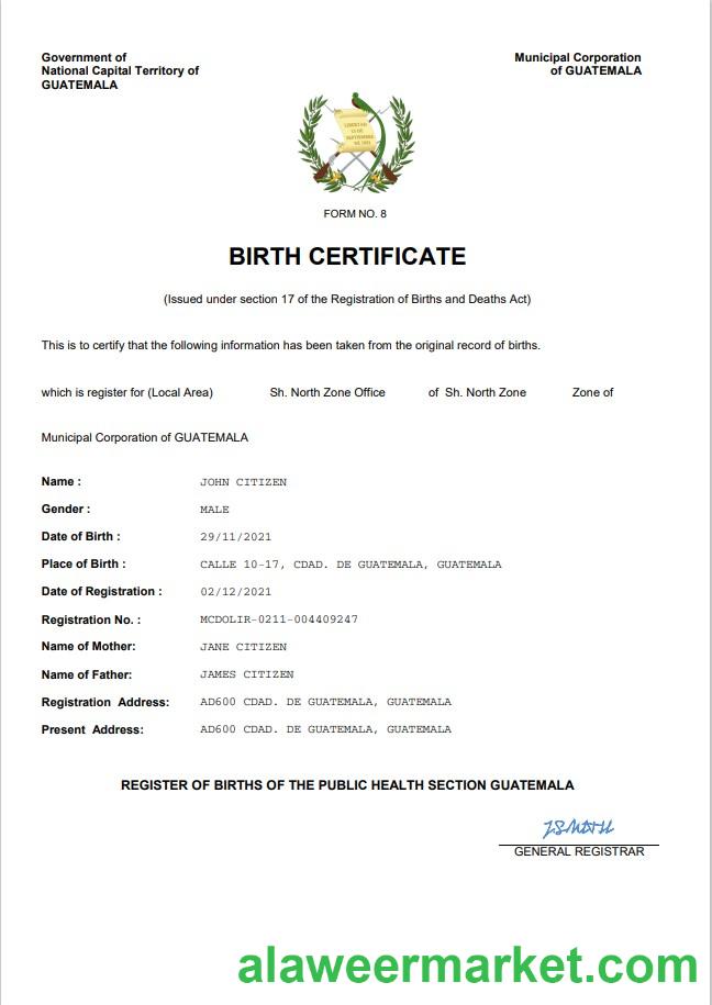 Guatemala birth certificate Word and PDF template